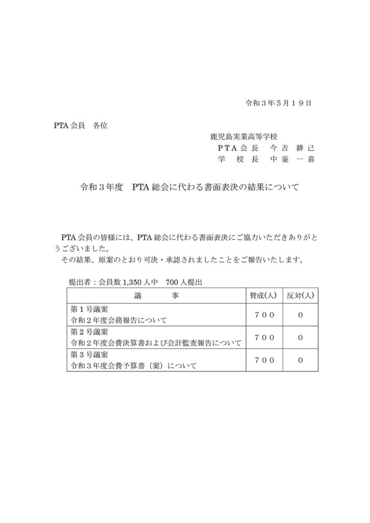 令和3年度PTA総会に代わる書面表決の結果について